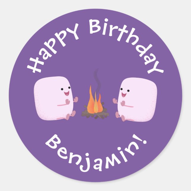 Cute pink marshmallows by camp fire cartoon classic round sticker (Front)