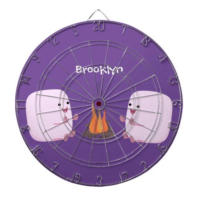 Cute pink marshmallows by camp fire cartoon dartboard (Front)