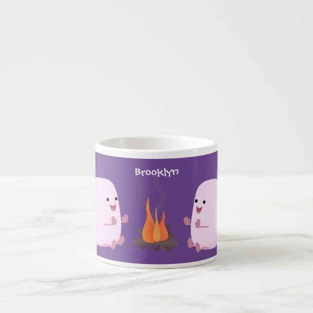 Cute pink marshmallows by camp fire cartoon espresso cup (Front)