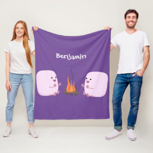 Cute pink marshmallows by camp fire cartoon fleece blanket