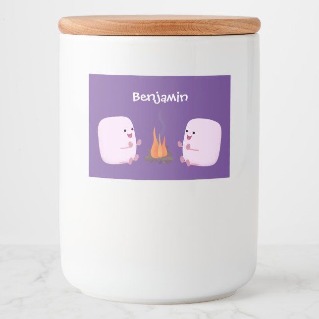 Cute pink marshmallows by camp fire cartoon food label (Front)