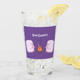 Cute pink marshmallows by camp fire cartoon glass