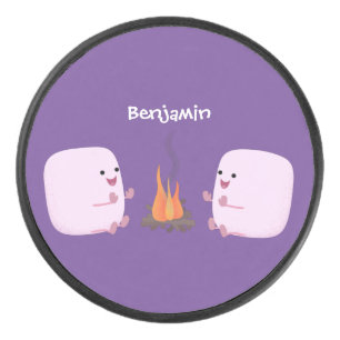 Cute pink marshmallows by camp fire cartoon hockey puck