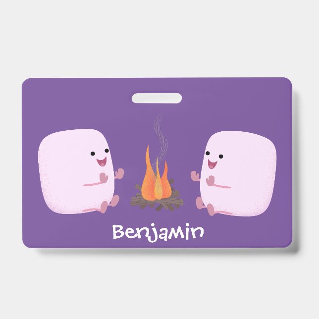 Cute pink marshmallows by camp fire cartoon ID badge (Front)