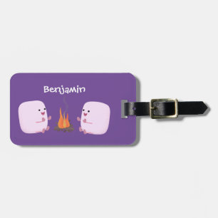 Cute pink marshmallows by camp fire cartoon luggage tag