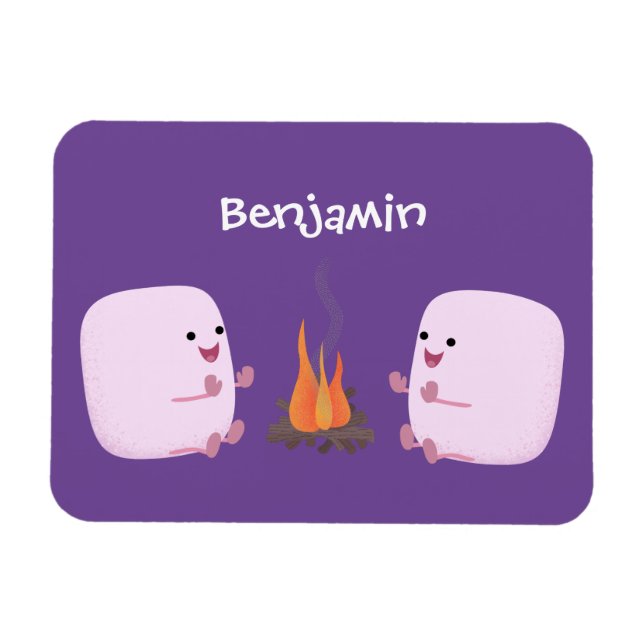 Cute pink marshmallows by camp fire cartoon magnet (Horizontal)