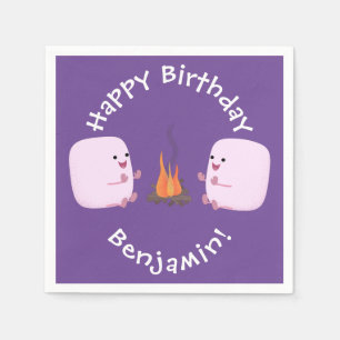 Cute pink marshmallows by camp fire cartoon napkin