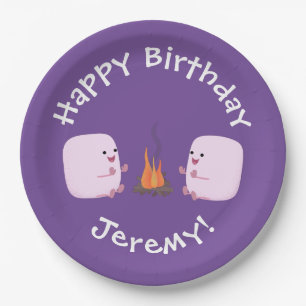 Cute pink marshmallows by camp fire cartoon paper plate