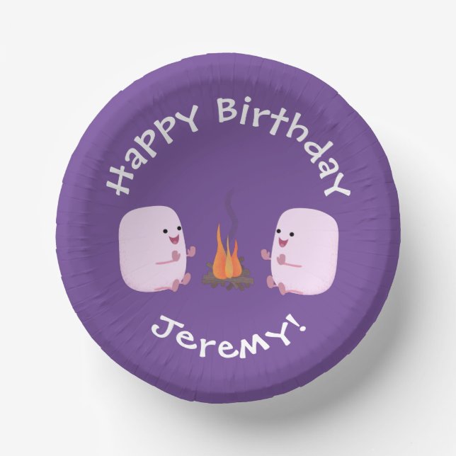 Cute pink marshmallows by camp fire cartoon paper plate (Front)