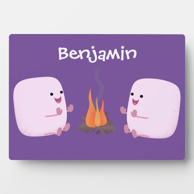 Cute pink marshmallows by camp fire cartoon plaque (Front)