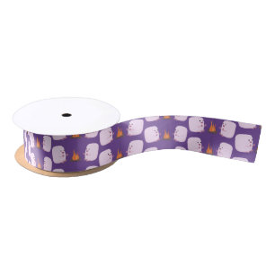 Cute pink marshmallows by camp fire cartoon satin ribbon