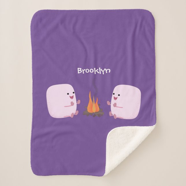 Cute pink marshmallows by camp fire cartoon  sherpa blanket (Front)