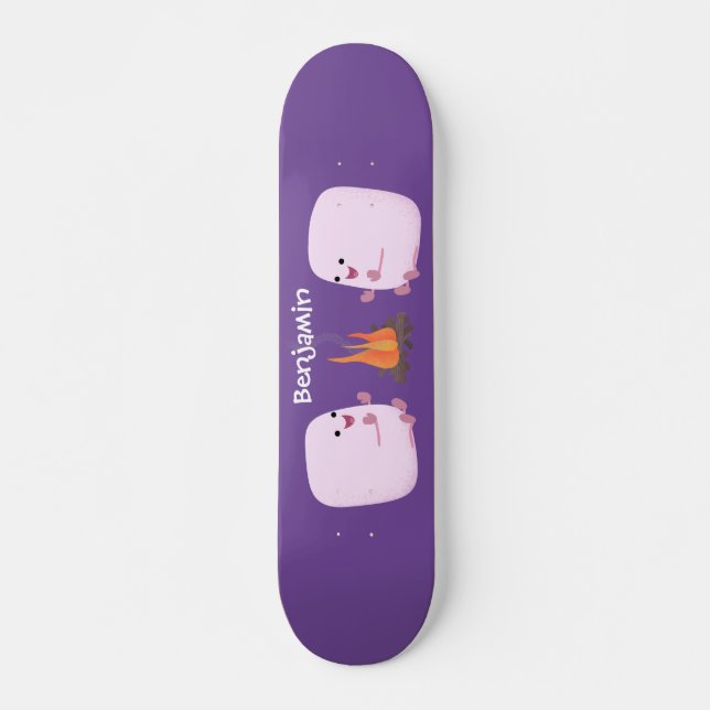 Cute pink marshmallows by camp fire cartoon skateboard (Front)
