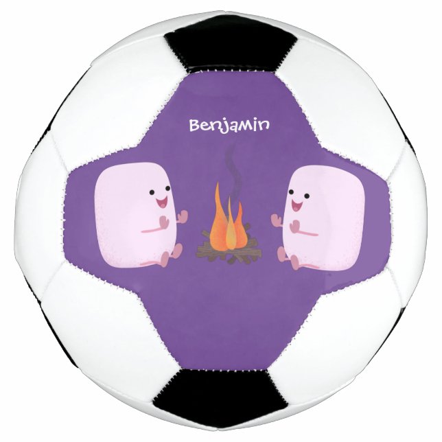 Cute pink marshmallows by camp fire cartoon soccer ball (Front)