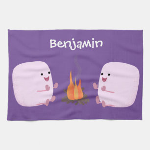Cute pink marshmallows by camp fire cartoon tea towel
