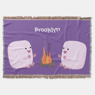 Cute pink marshmallows by camp fire cartoon throw blanket