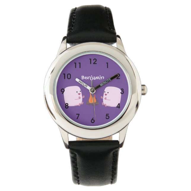 Cute pink marshmallows by camp fire cartoon watch (Front)