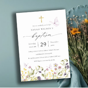 Cute Pink Meadow Floral Butterfly Baptism Invite