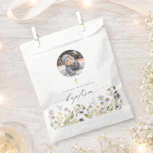 Cute Pink Meadow Floral Butterfly Photo Baptism Favour Bag