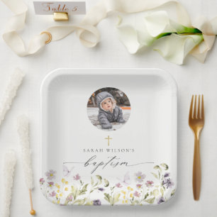 Cute Pink Meadow Floral Butterfly Photo Baptism Paper Plate