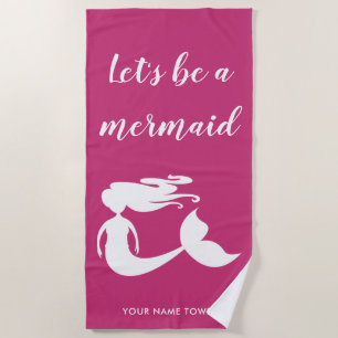 Cute pink mermaid beach towel with custom name