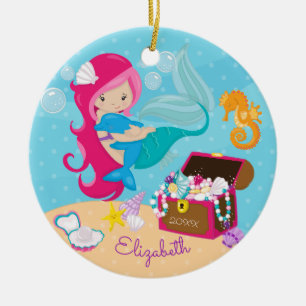 Cute Pink Mermaid & Dolphin Christmas Ornament