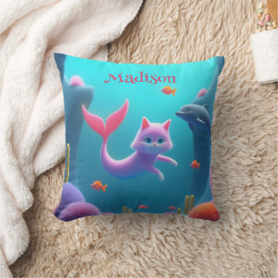 Cute Pink Mermaid Kitten Cushion