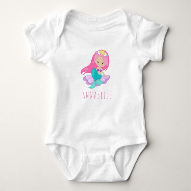 Cute Pink Mermaid Princess Girl Sitting Sea Shell Baby Bodysuit (Front)