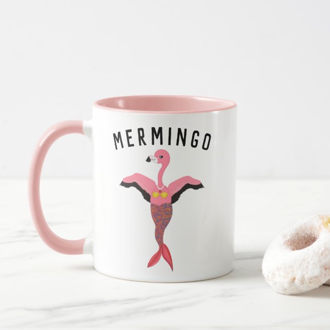 Cute Pink Mermingo Flamingo Mermaid Bird Creature Mug (With Donut)