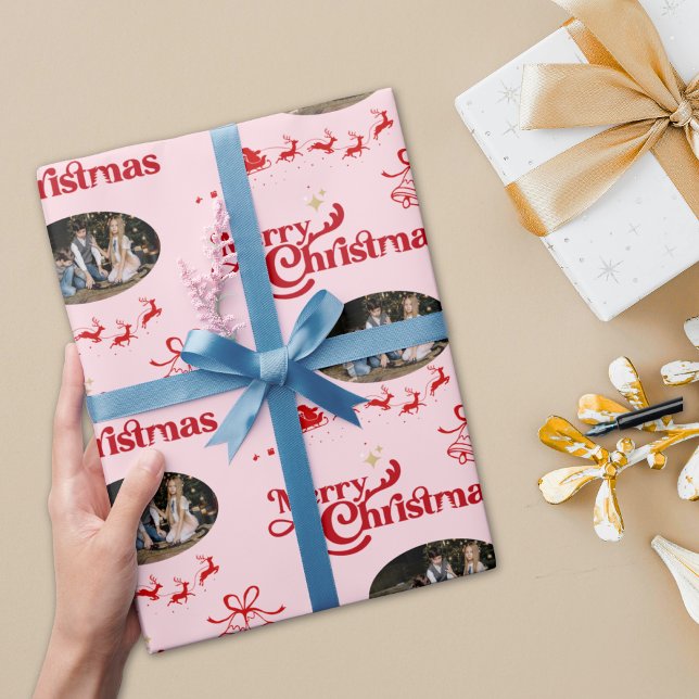 Cute pink merry Christmas custom photo gifts  Wrapping Paper (Creator Uploaded)