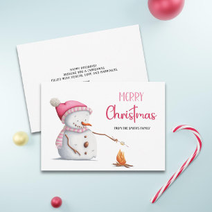 Cute Pink Merry Christmas Snowman Marshmallows Holiday Card
