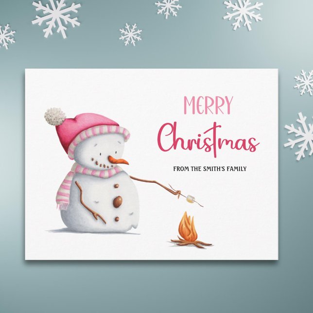Cute Pink Merry Christmas Snowman Marshmallows Postcard (Creator Uploaded)