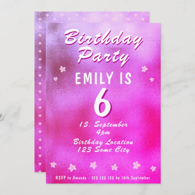 Cute Pink Metallic Foil Star Girly Birthday Invitation (Front/Back)