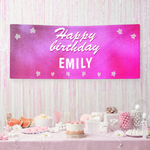 Cute Pink Metallic Star Girly Happy Birthday Banner