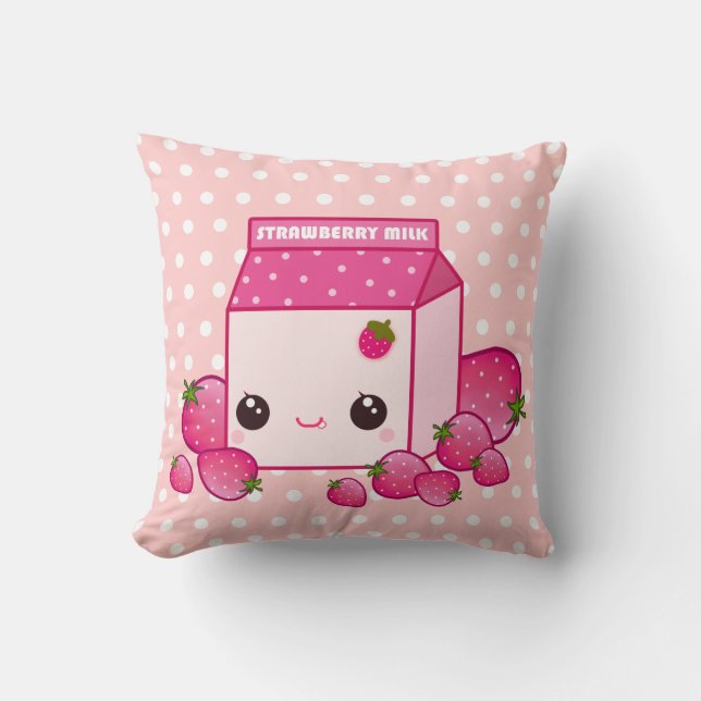 Cute pink milk carton with kawaii strawberries cushion (Front)
