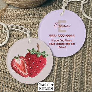 Cute Pink Minimal Granny Chic Crochet Strawberry Key Ring