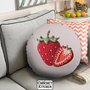 Cute Pink Minimal Granny Chic Crochet Strawberry Round Cushion