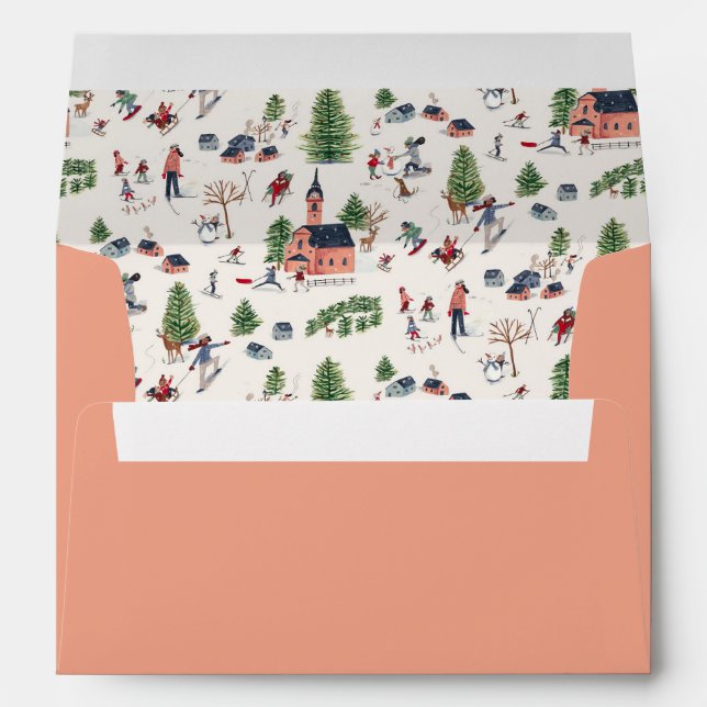 Cute Pink Minimalistic Nordic Village Christmas Envelope (Back (Bottom))
