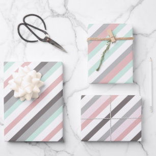 Cute Pink Mint Green and Grey Striped Patterns Wrapping Paper Sheet