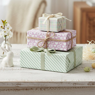 Cute Pink Mint Green Stripes Checks Hearts Pattern Wrapping Paper Sheet