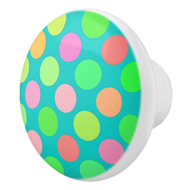 Cute Pink Mint Green Turquoise Polka Dots Pattern Ceramic Knob (Right)