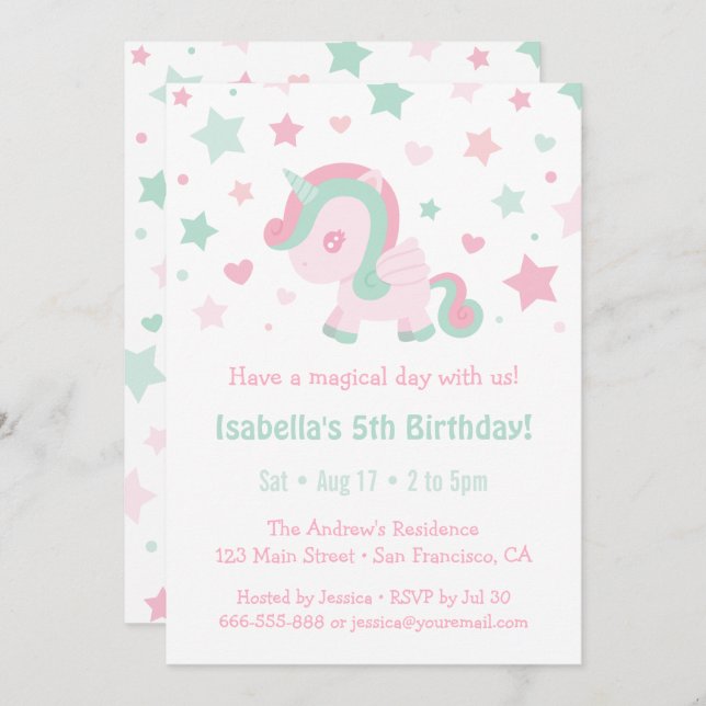Cute Pink Mint Green Unicorn Girls Birthday Party Invitation (Front/Back)