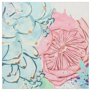 Cute Pink Mint Peony & Succulent Floral Hand Paint Fabric