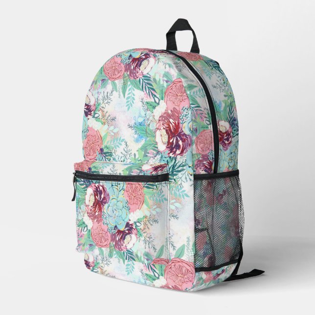 Cute Pink Mint Peony & Succulent Floral Hand Paint Printed Backpack (Back Corner Right)