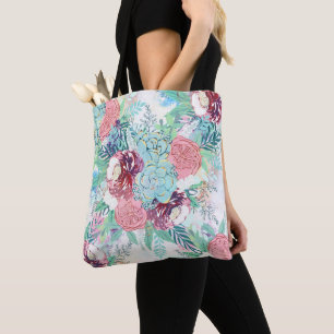 Cute Pink Mint Peony & Succulent Floral Hand Paint Tote Bag