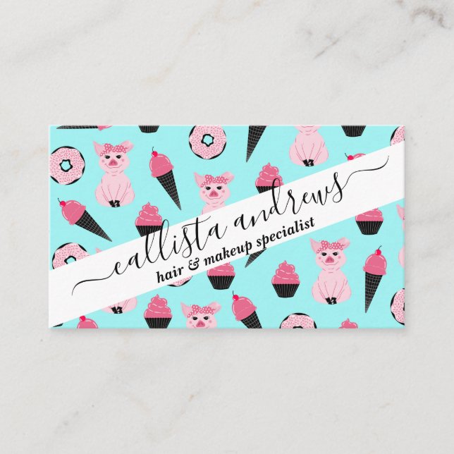 Cute Pink Mint Piggy Doughnut Ice Cream Cone Patte Business Card (Front)