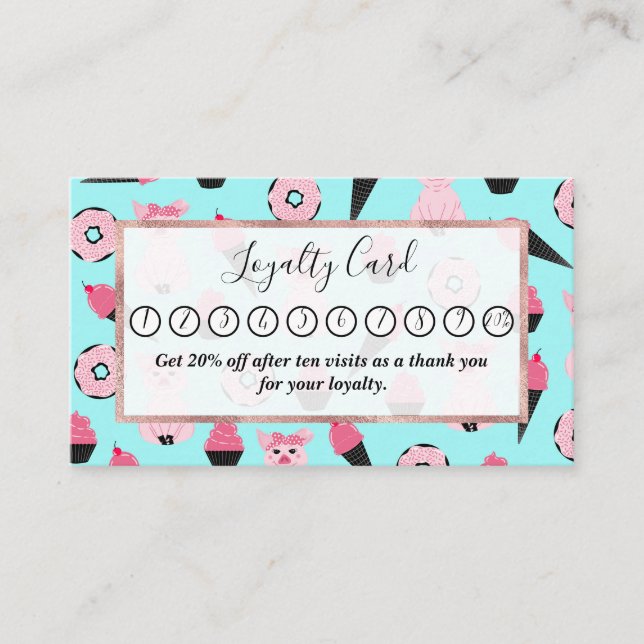 Cute Pink Mint Piggy Doughnut Ice Cream Cone Patte Loyalty Card (Front)