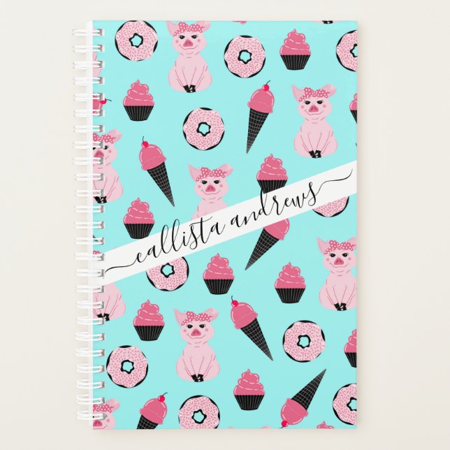 Cute Pink Mint Piggy Doughnut Ice Cream Cone Patte Planner (Front)