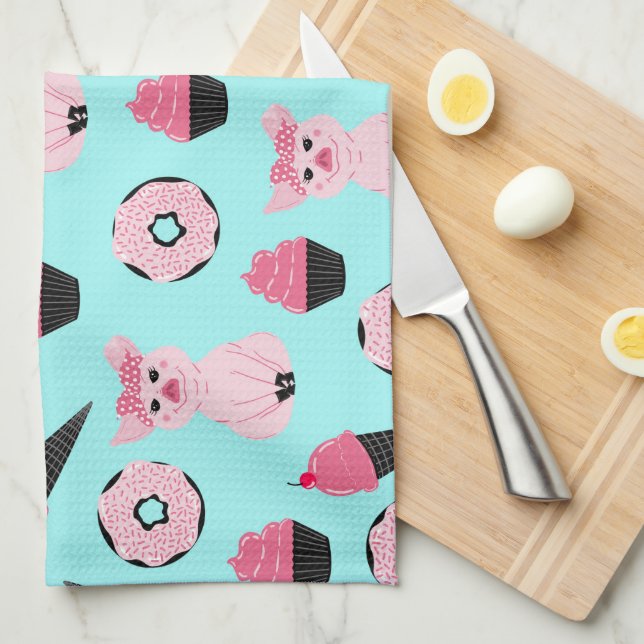 Cute Pink Mint Piggy Doughnut Ice Cream Cone Patte Tea Towel (Quarter Fold)