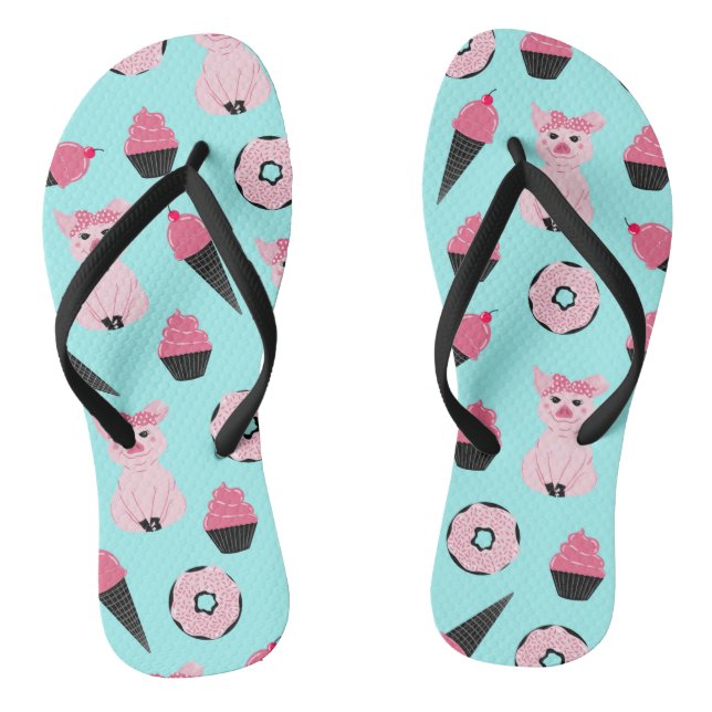 Cute Pink Mint Piggy Doughnut Ice Cream Cone Patte Thongs (Footbed)